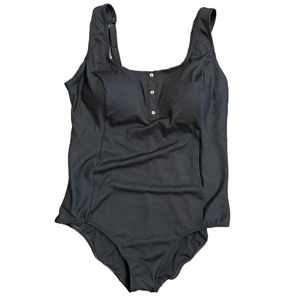 NWT Christina Blue - One-Piece Black Ribbed Bathing Suit Gold Faux Buttons, 24W - Picture 4 of 9